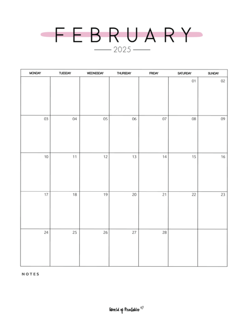 Simple february 2025 calendar with clean design and space for notes
