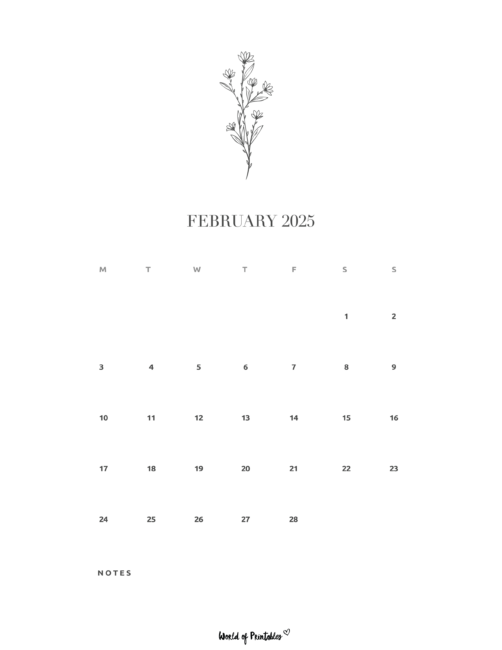 Simple february 2025 calendar with floral illustration, minimalist design, and Notes section