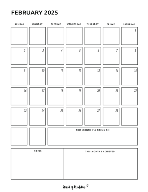 Simple february 2025 calendar with focus and notes and achievements sections