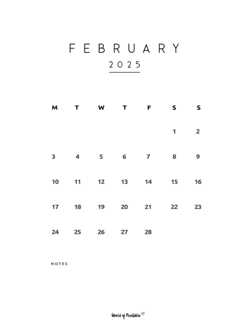 Simple february 2025 calendar with minimal design and notes section