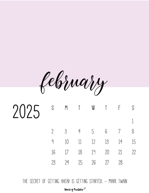 Simple february 2025 calendar with motivational quote and pink background