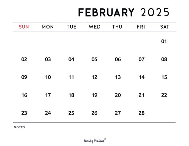 Simple february 2025 calendar with notes section in Sunday start version