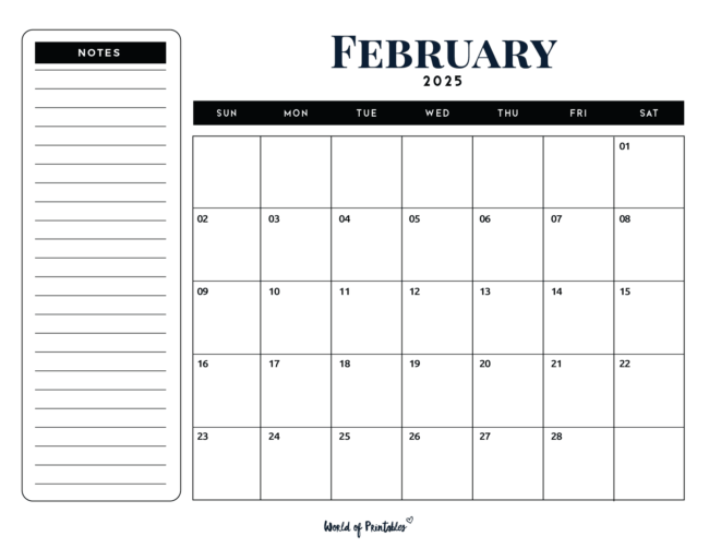 Simple february 2025 calendar with notes section on the left side