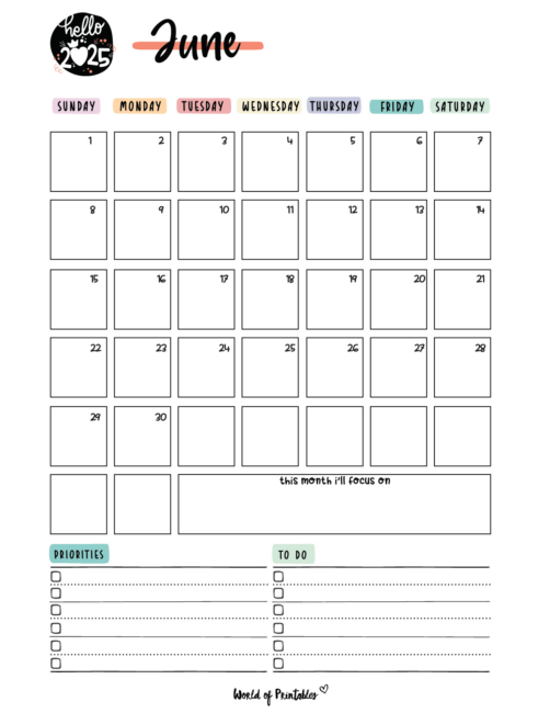 Stylish 2025 June Calendar With Sections for Priorities and to-Do Lists
