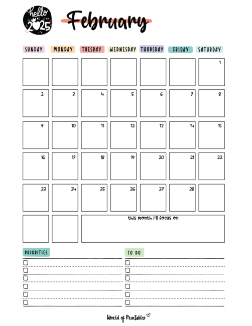 Stylish 2025 february calendar with sections for priorities and to-do lists