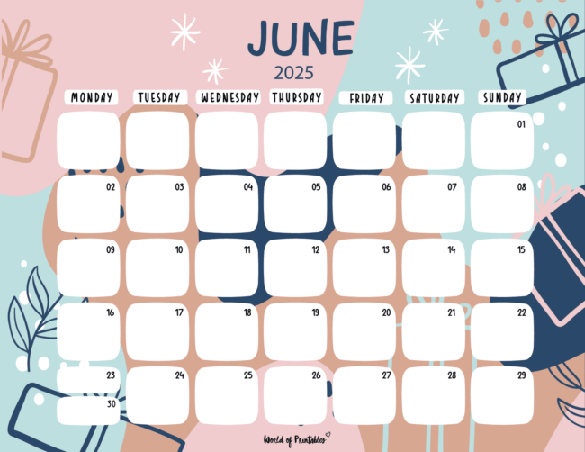 Whimsical June 2025 Calendar With Colorful Backgrounds and Rounded Date Boxes