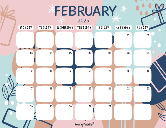 Whimsical february 2025 calendar with colorful backgrounds and rounded date boxes