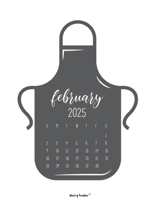 february 2025 calendar shaped like a grey apron with script font