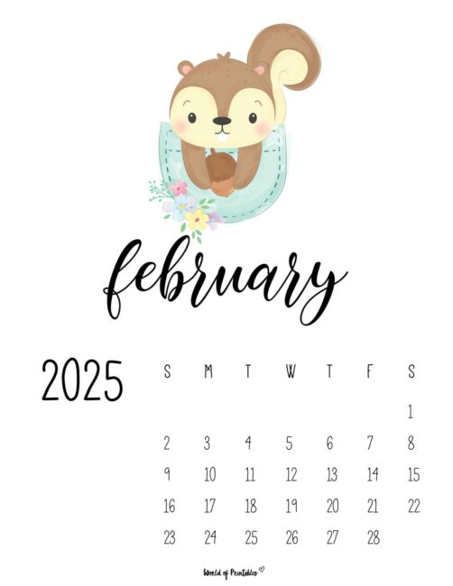 february 2025 calendar with a cute and cozy animal and floral design