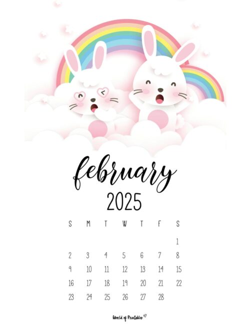 february 2025 calendar with a cute bunny rainbows and balloons