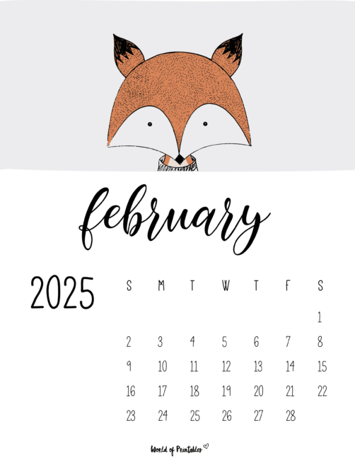 february 2025 calendar with a cute fox and minimalist design