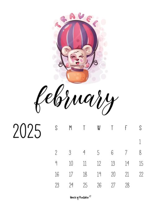february 2025 calendar with a mouse in a hot air balloon