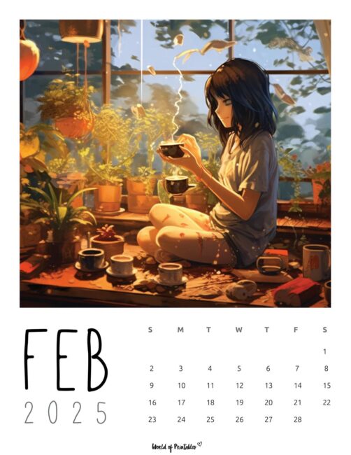 february 2025 calendar with anime girl drinking coffee illustration