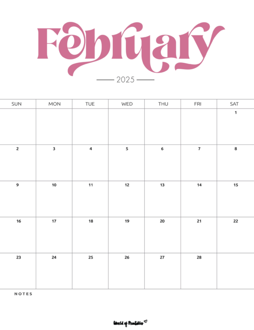 february 2025 calendar with bold header in a minimalistic design with a notes section