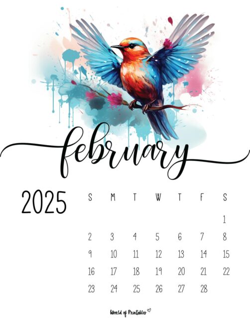 february 2025 calendar with colorful bird design and elegant script text