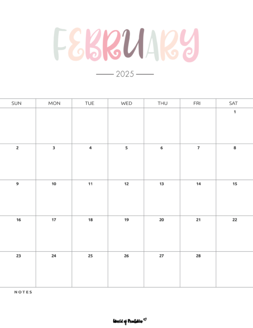 february 2025 calendar with colorful header and minimalistic design and a notes section