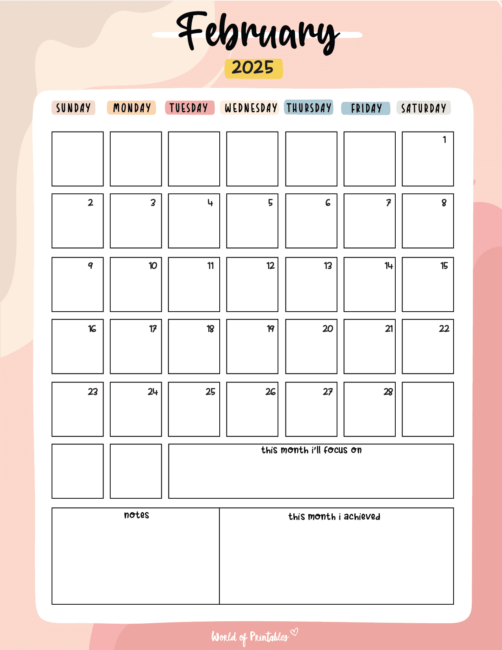 february 2025 calendar with colorful sections for goals and notes and achievements