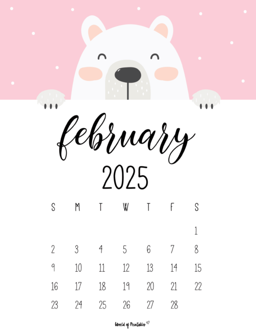 february 2025 calendar with cute bear and pink background