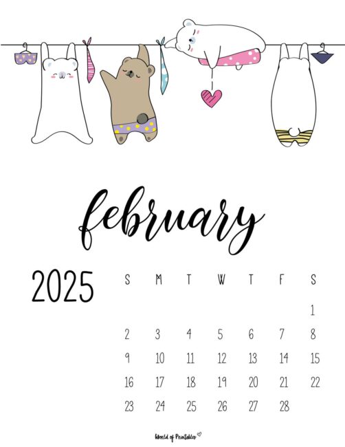 february 2025 calendar with cute bears hanging on a clothesline
