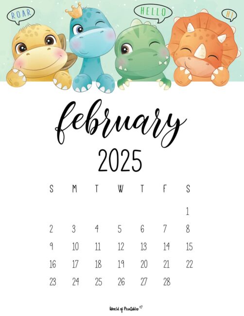 february 2025 calendar with cute cartoon dinosaurs and playful design