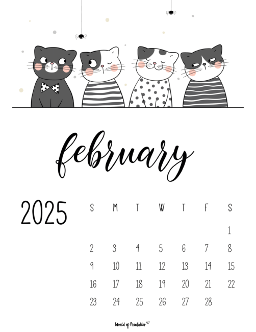 february 2025 calendar with cute cats and hanging spiders design