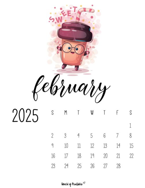 february 2025 calendar with cute coffee cups illustration