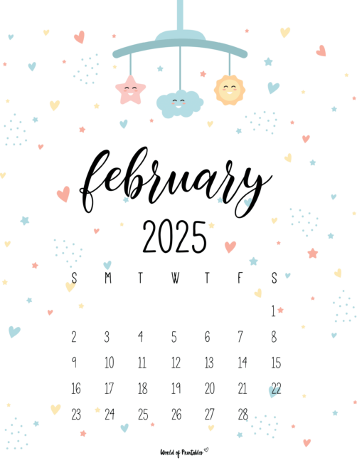 february 2025 calendar with cute mobile and heart decorations
