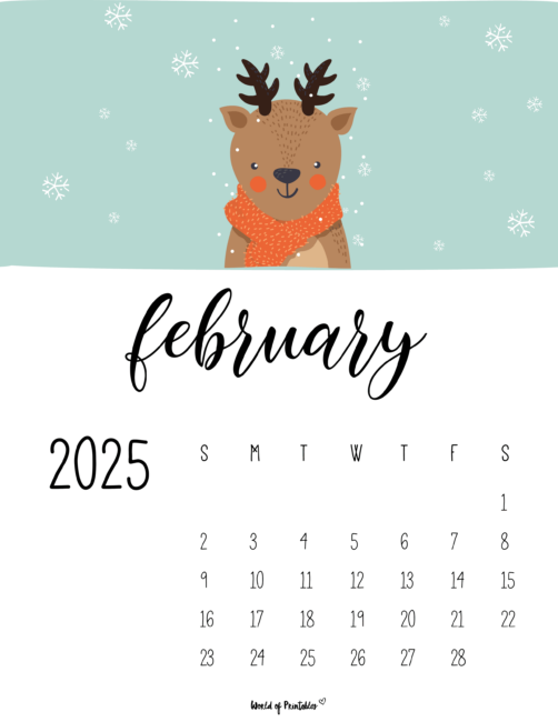 february 2025 calendar with cute reindeer in scarf and snowflakes