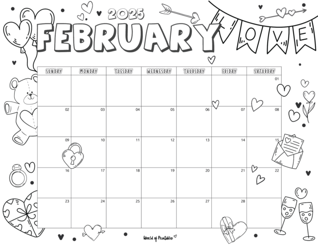 february 2025 calendar with cute valentines-themed doodles and ample writing space