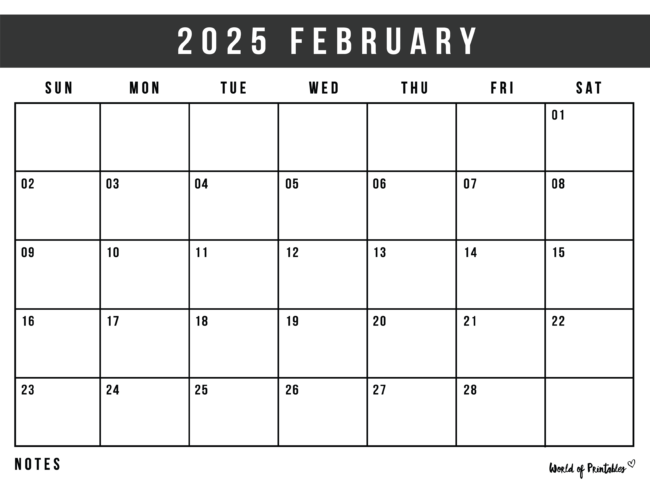 february 2025 calendar with days of the week and notes section
