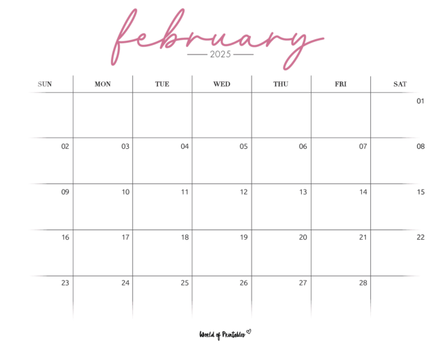 february 2025 calendar with elegant script font with a spacious layout in a Sunday start version