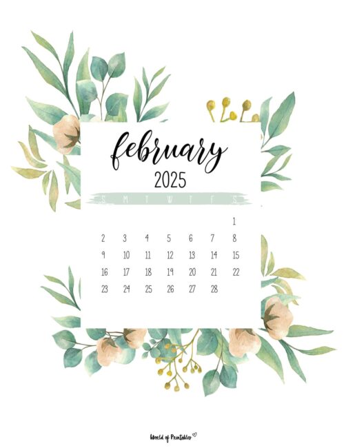 february 2025 calendar with floral border and elegant script font