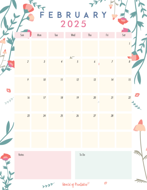 february 2025 calendar with floral design and notes and to-do sections