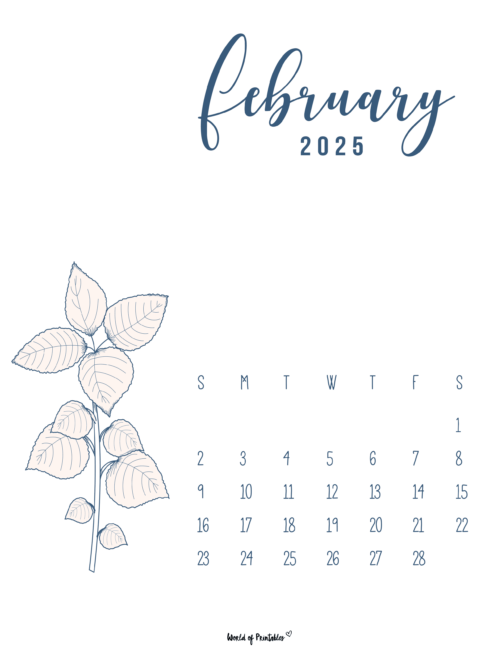february 2025 calendar with floral illustration and elegant blue script