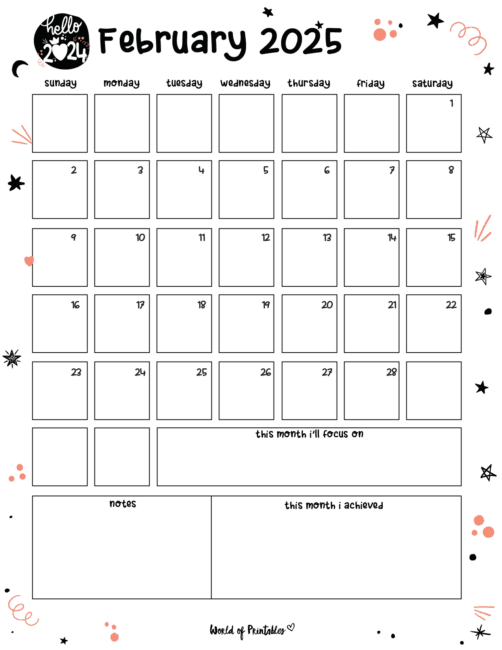 february 2025 calendar with goals and notes and achievements sections in a playful design