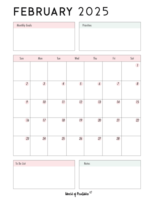 february 2025 calendar with goals and priorities and to-do list and notes