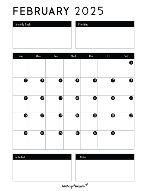 february 2025 calendar with goals and priorities and to-do list and notes sections