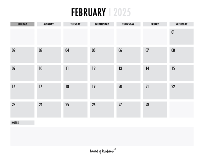 february 2025 calendar with gray boxes for each day and notes section below