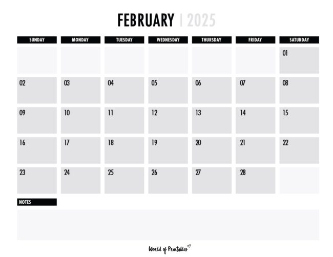 february 2025 calendar with gray daily boxes and notes section and black headers