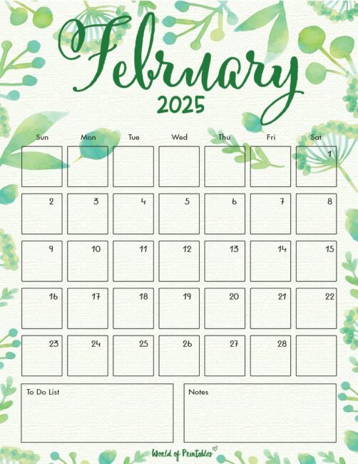 february 2025 calendar with green botanical design and notes and to-do sections