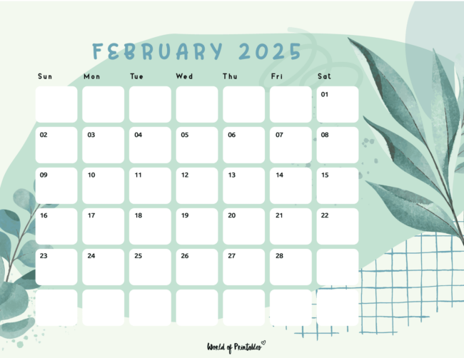 february 2025 calendar with green leafy design and grid accents