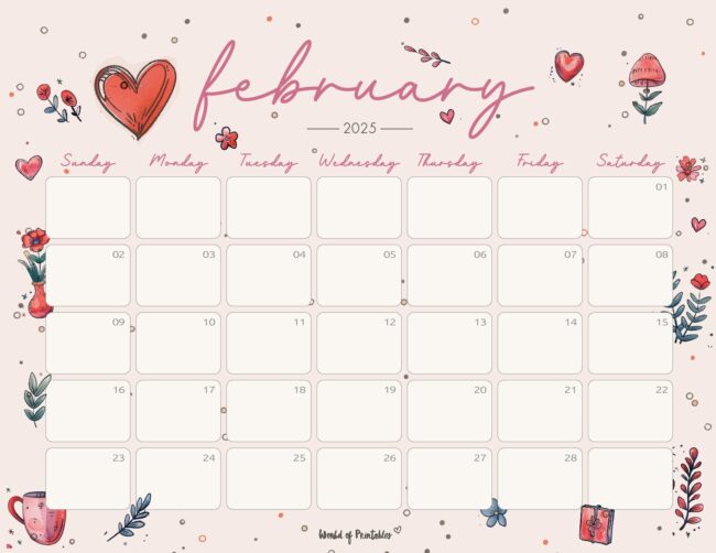 february 2025 calendar with hand-drawn valentines elements and soft pastel colors
