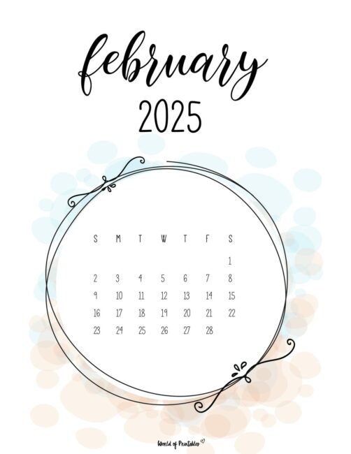 february 2025 calendar with heart decorations and colorful background