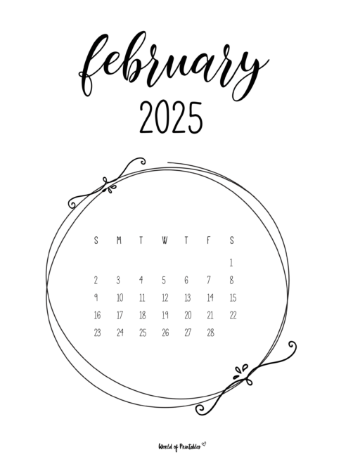 february 2025 calendar with heart decorations and elegant script font