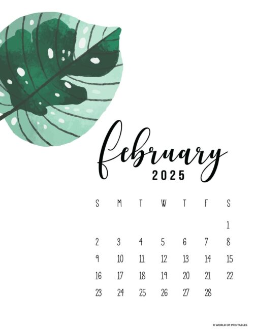 february 2025 calendar with large green leaf and elegant script
