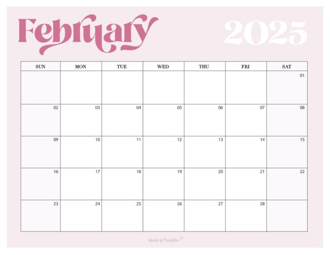 february 2025 calendar with large playful fonts with a light pink background and spacious layout