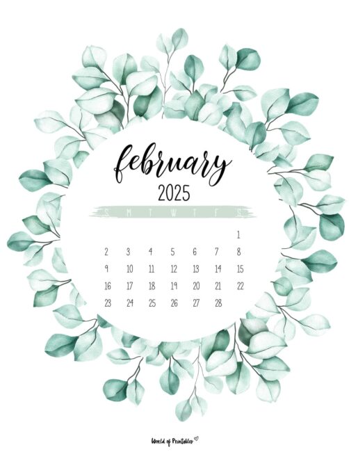 february 2025 calendar with leafy wreath design and elegant script