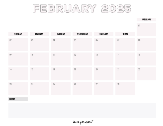 february 2025 calendar with light pink design with large header and a notes section