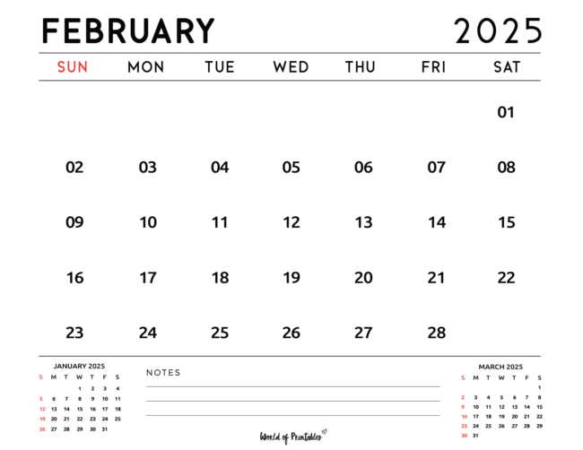 february 2025 calendar with notes section with mini calendar previews