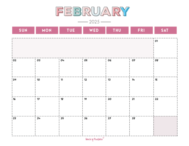 february 2025 calendar with pastel colors and dotted squares for each day